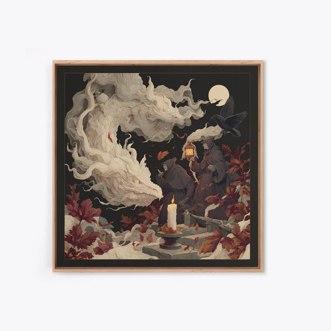 The Candle Smoke Dragon - Procession Scene, Spooky Wall Decor, Square Wall Art, Framed Canvas Print, Halloween Home Decor, Gothic Wall Art