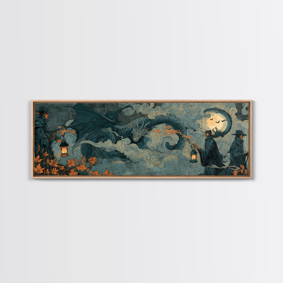 The Candle Smoke Dragon - Procession Scene, Halloween Wall Art, Extra Wide Wall Art, Framed Canvas Print, Halloween Home Decor