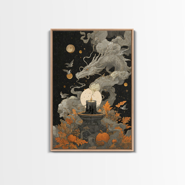 The Candle Smoke Dragon - Surreal Celestial Vision, Dark Fantasy Wall Art, Vertical Wall Art, Canvas Print, Halloween Home Decor