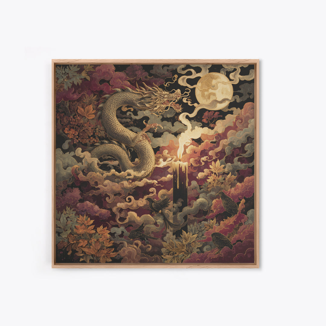The Candle Smoke Dragon - Surreal Celestial Vision, Macabre Halloween Art, Square Wall Art, Framed Canvas Print, Halloween Home Decor
