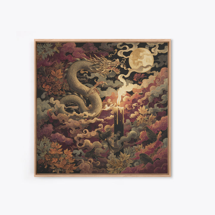 The Candle Smoke Dragon - Surreal Celestial Vision, Macabre Halloween Art, Square Wall Art, Framed Canvas Print, Halloween Home Decor