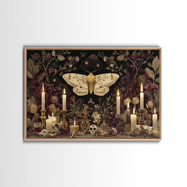 The Mourning Moth Halo - Occult Still Life, Macabre Halloween Art, Landscape Wall Art, Framed Canvas Print, Halloween Home Decor