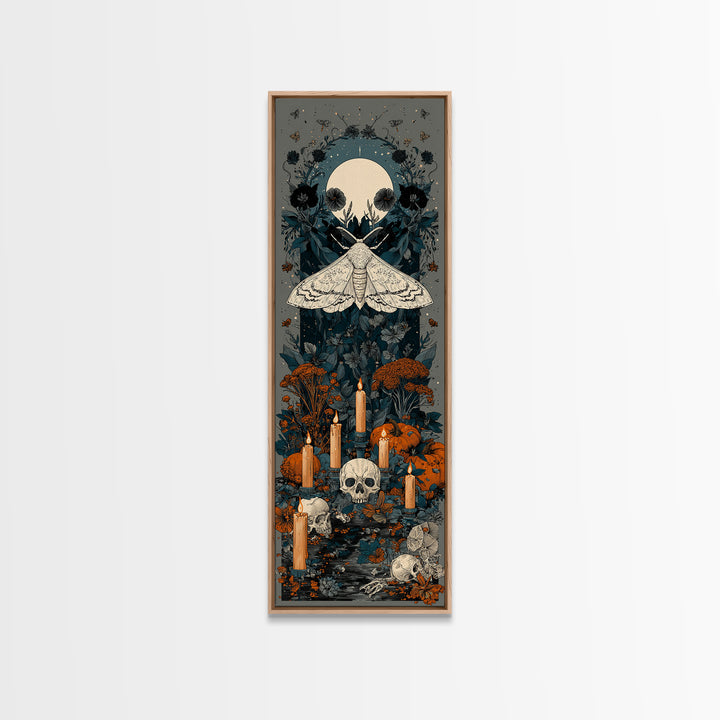 The Mourning Moth Halo - Occult Still Life, Macabre Halloween Art, Tall Narrow Wall Art, Framed Canvas Print, Halloween Home Decor