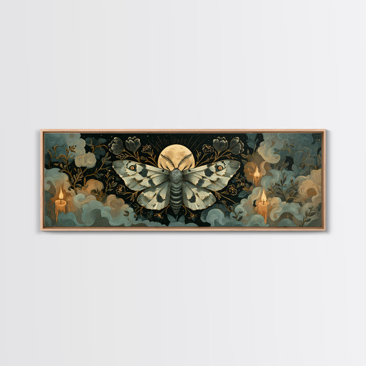 The Mourning Moth Halo - Surreal Celestial Vision, Gothic Home Decor, Extra Wide Wall Art, Canvas Print, Halloween Home Decor