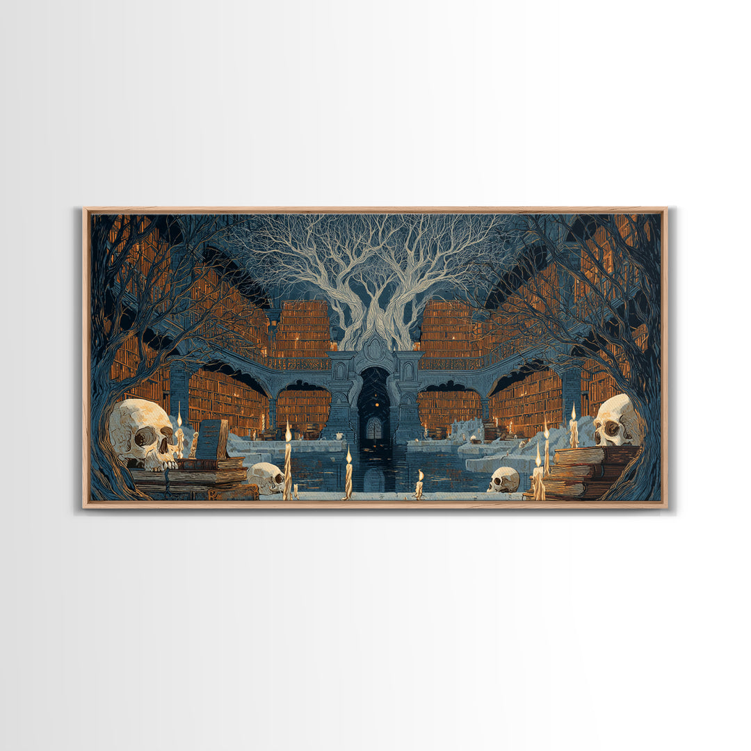 The Catacomb Library - Icon Portrait, Spooky Wall Decor, Wide Panoramic Art, Framed Canvas Print, Halloween Home Decor, Gothic Wall Art