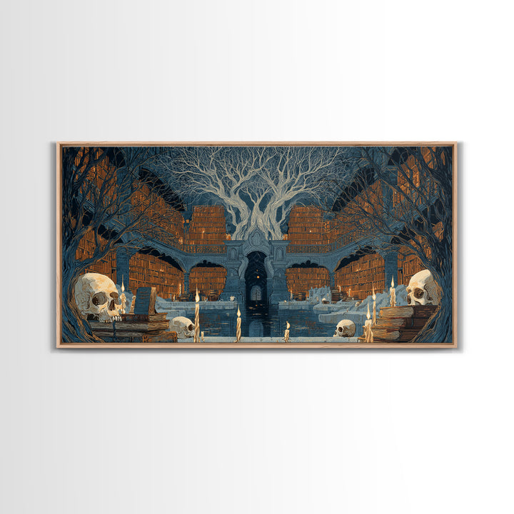 The Catacomb Library - Icon Portrait, Spooky Wall Decor, Wide Panoramic Art, Framed Canvas Print, Halloween Home Decor, Gothic Wall Art