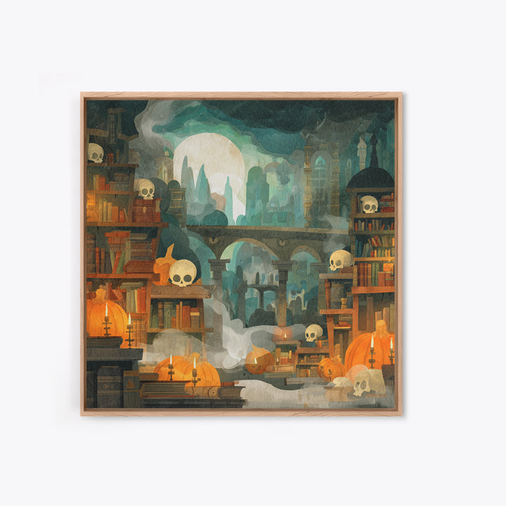The Catacomb Library - Environmental Panorama, Macabre Halloween Art, Square Wall Art, Framed Canvas Print, Halloween Home Decor