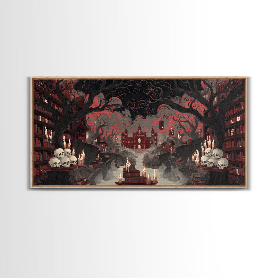 The Catacomb Library - Environmental Panorama, Macabre Halloween Art, Wide Panoramic Art, Framed Canvas Print, Halloween Home Decor