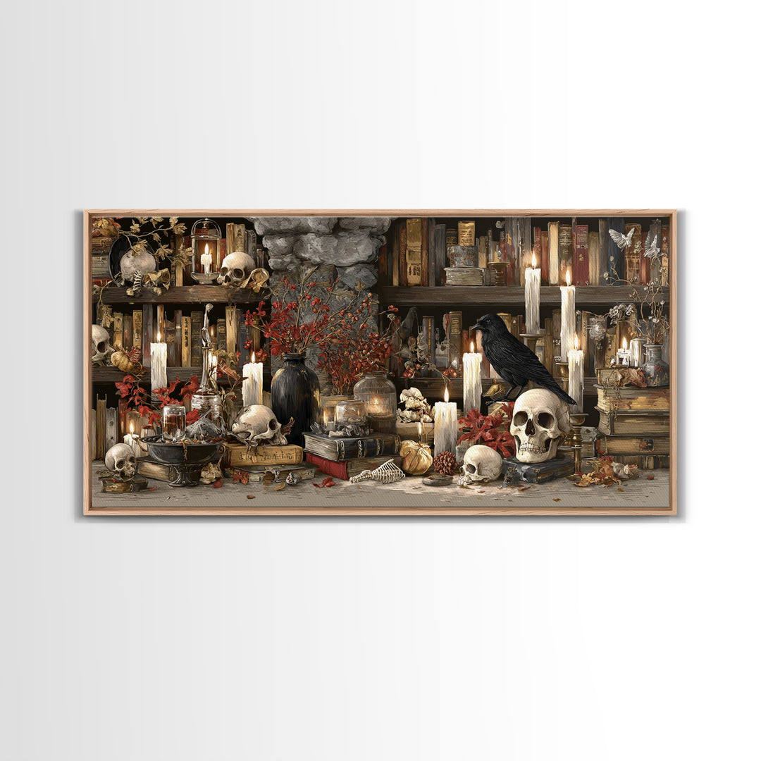 The Catacomb Library - Occult Still Life, Halloween Wall Art, Wide Panoramic Art, Framed Canvas Print, Halloween Home Decor, Gothic Wall Art