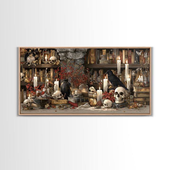 The Catacomb Library - Occult Still Life, Halloween Wall Art, Wide Panoramic Art, Framed Canvas Print, Halloween Home Decor, Gothic Wall Art
