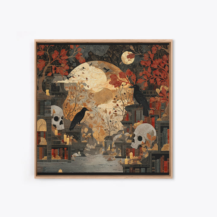 The Catacomb Library - Surreal Celestial Vision, Macabre Halloween Art, Square Wall Art, Framed Canvas Print, Halloween Home Decor