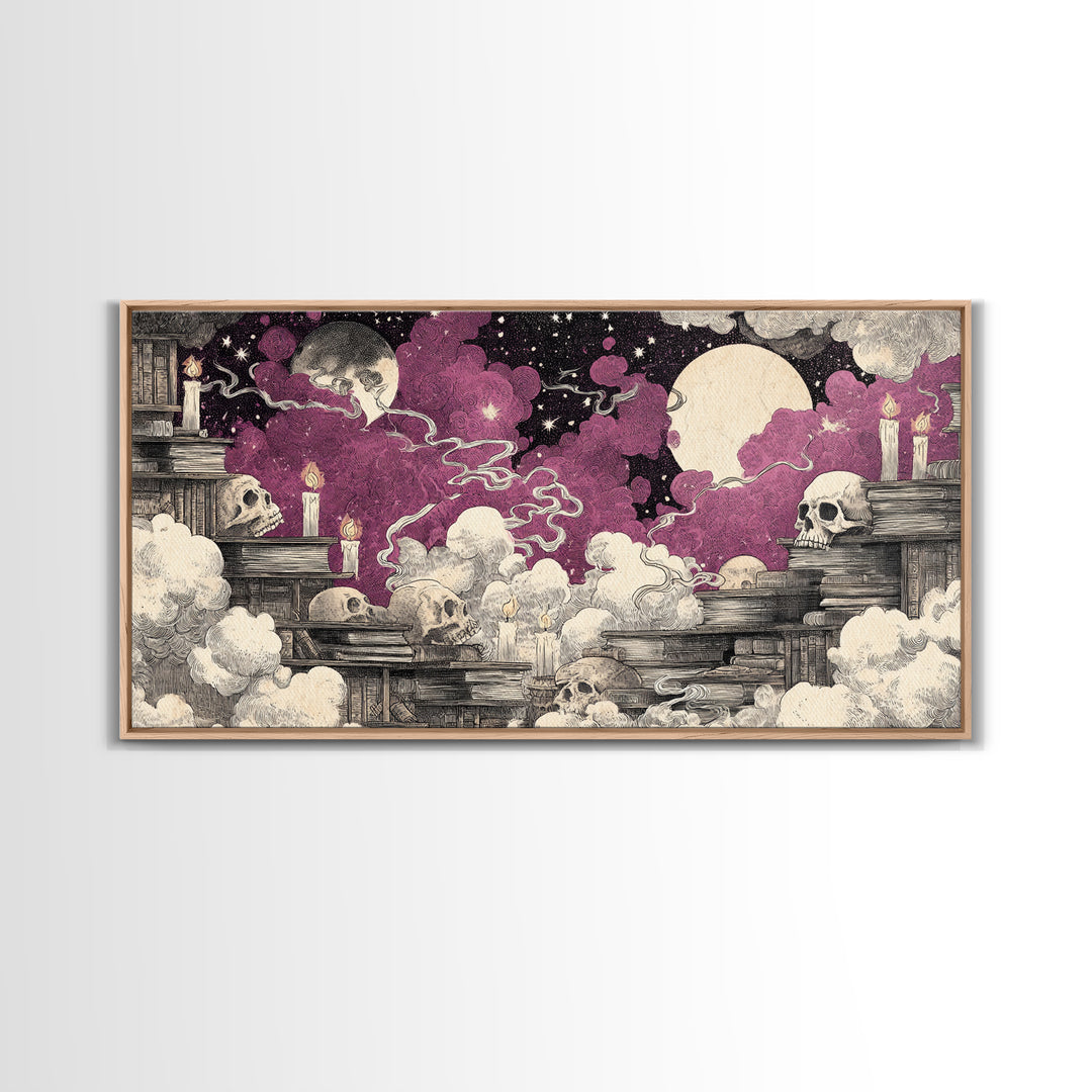 The Catacomb Library - Surreal Celestial Vision, Halloween Wall Art, Wide Panoramic Art, Framed Canvas Print, Halloween Home Decor