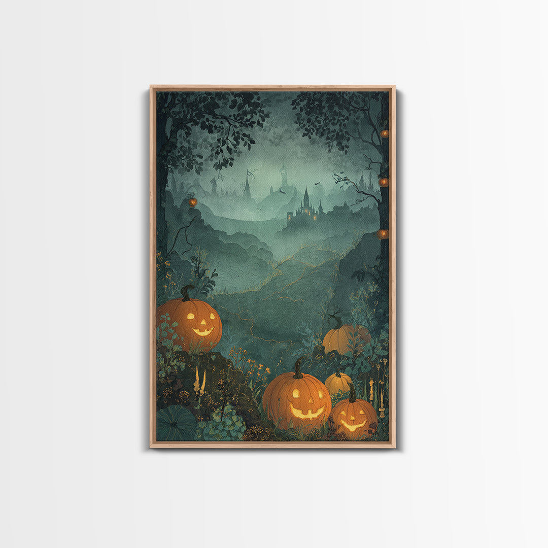 The Jack-O-Lantern Crown Jewels - Environmental Panorama, Spooky Wall Decor, Vertical Wall Art, Framed Canvas Print, Halloween Home Decor