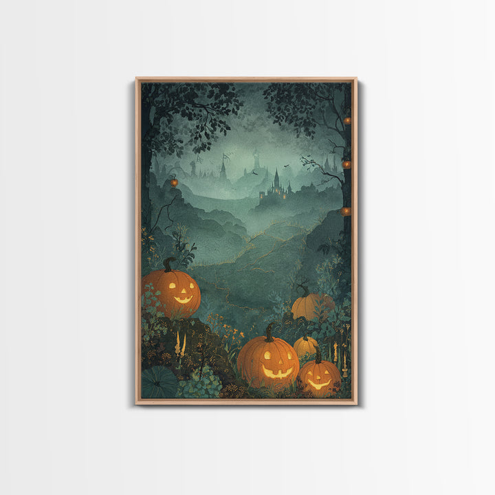 The Jack-O-Lantern Crown Jewels - Environmental Panorama, Spooky Wall Decor, Vertical Wall Art, Framed Canvas Print, Halloween Home Decor