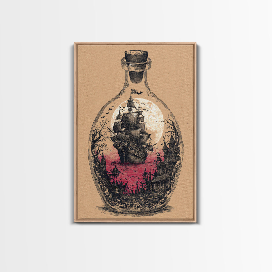 The Ghost Ship In A Bottle - Icon Portrait, Spooky Wall Decor, Vertical Wall Art, Framed Canvas Print, Halloween Home Decor, Gothic Wall Art