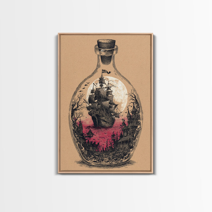 The Ghost Ship In A Bottle - Icon Portrait, Spooky Wall Decor, Vertical Wall Art, Framed Canvas Print, Halloween Home Decor, Gothic Wall Art