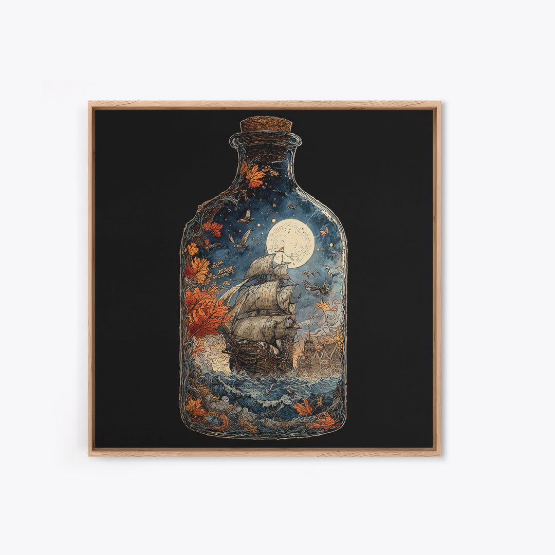 The Ghost Ship In A Bottle - Icon Portrait, Macabre Halloween Art, Square Wall Art, Framed Canvas Print, Halloween Home Decor