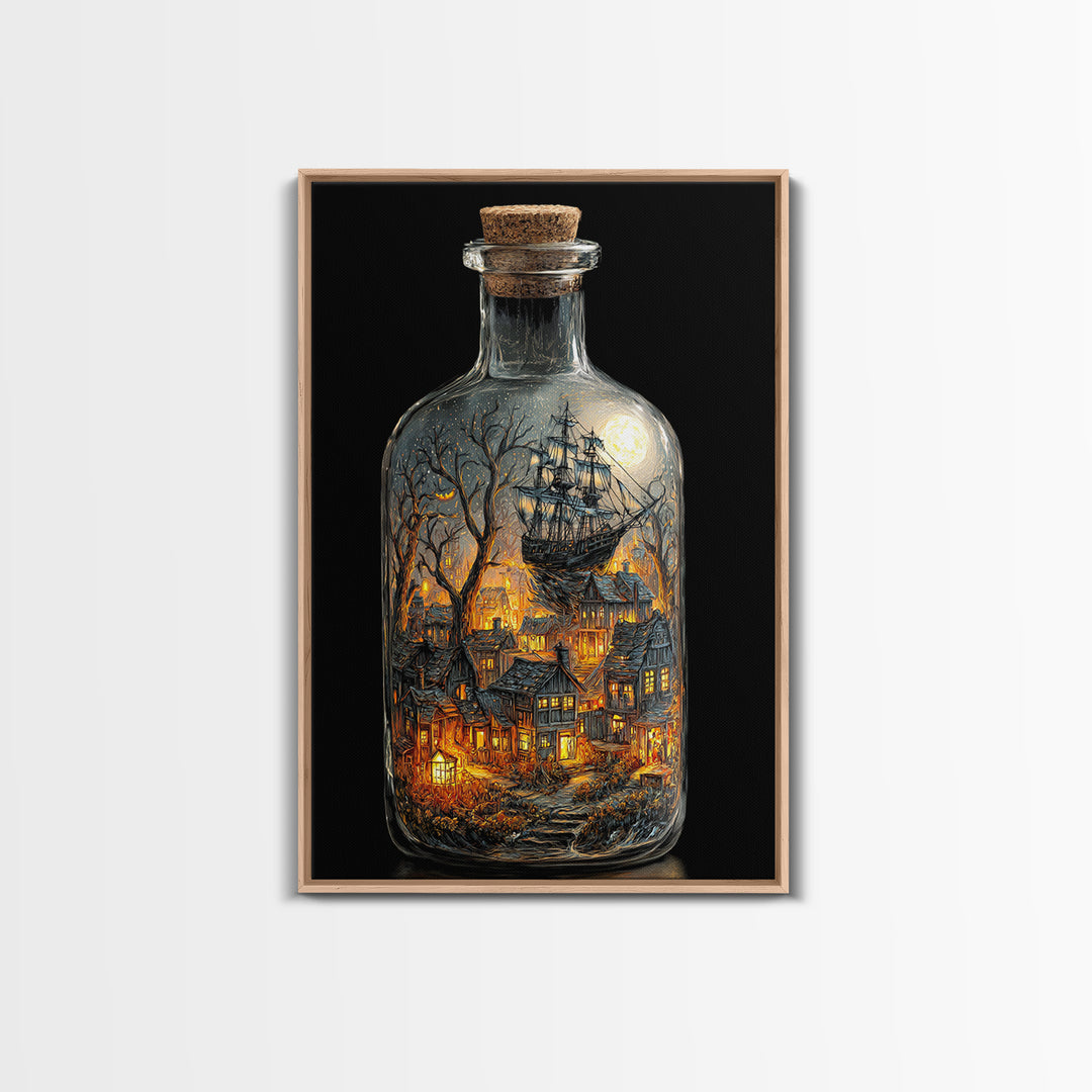 The Ghost Ship In A Bottle - Environmental Panorama, Macabre Halloween Art, Vertical Wall Art, Framed Canvas Print, Halloween Home Decor