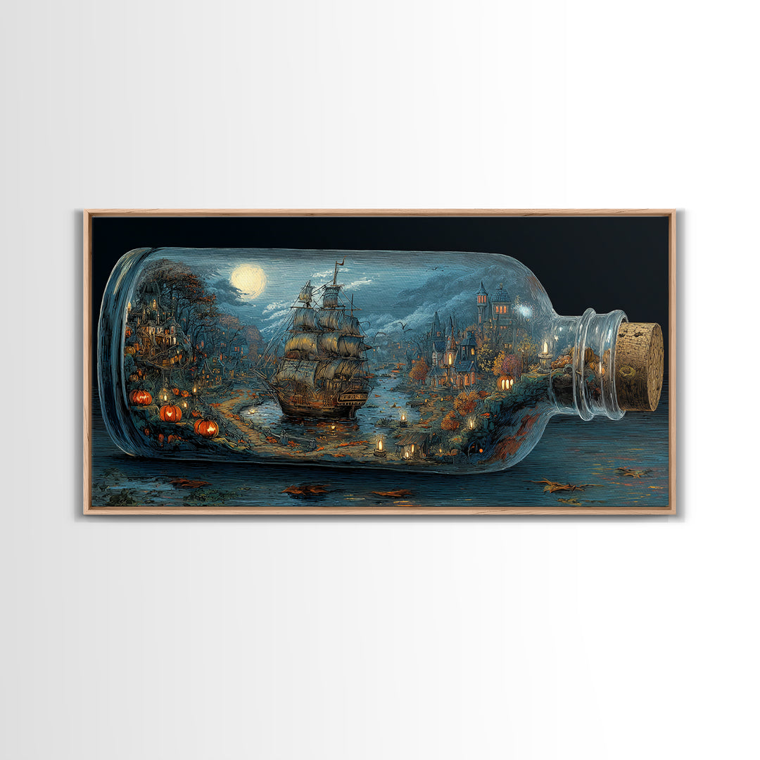 The Ghost Ship In A Bottle - Environmental Panorama, Gothic Home Decor, Wide Panoramic Art, Canvas Print, Halloween Home Decor