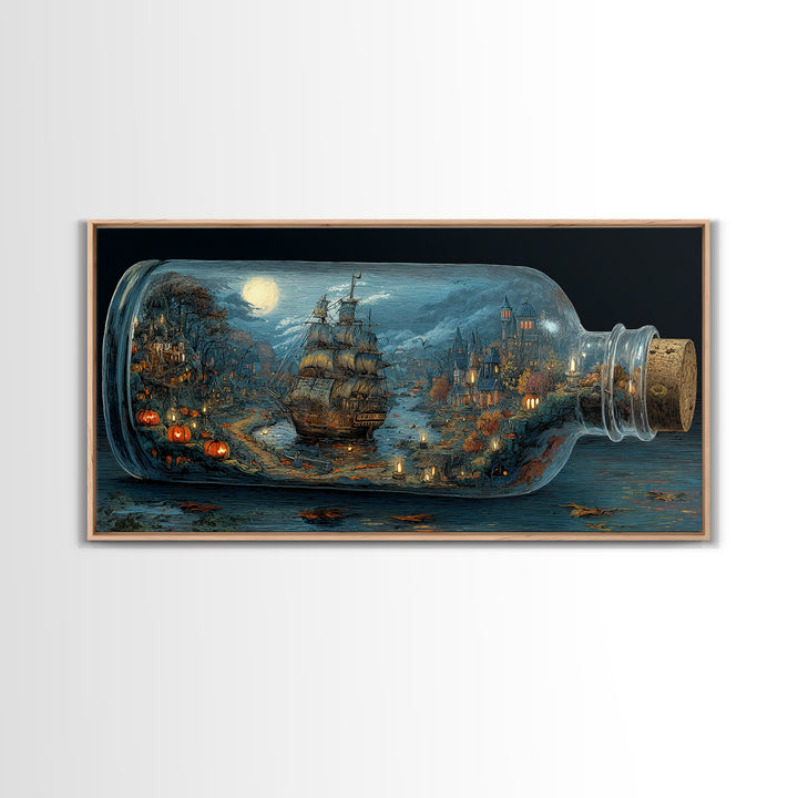 The Ghost Ship In A Bottle - Environmental Panorama, Gothic Home Decor, Wide Panoramic Art, Canvas Print, Halloween Home Decor