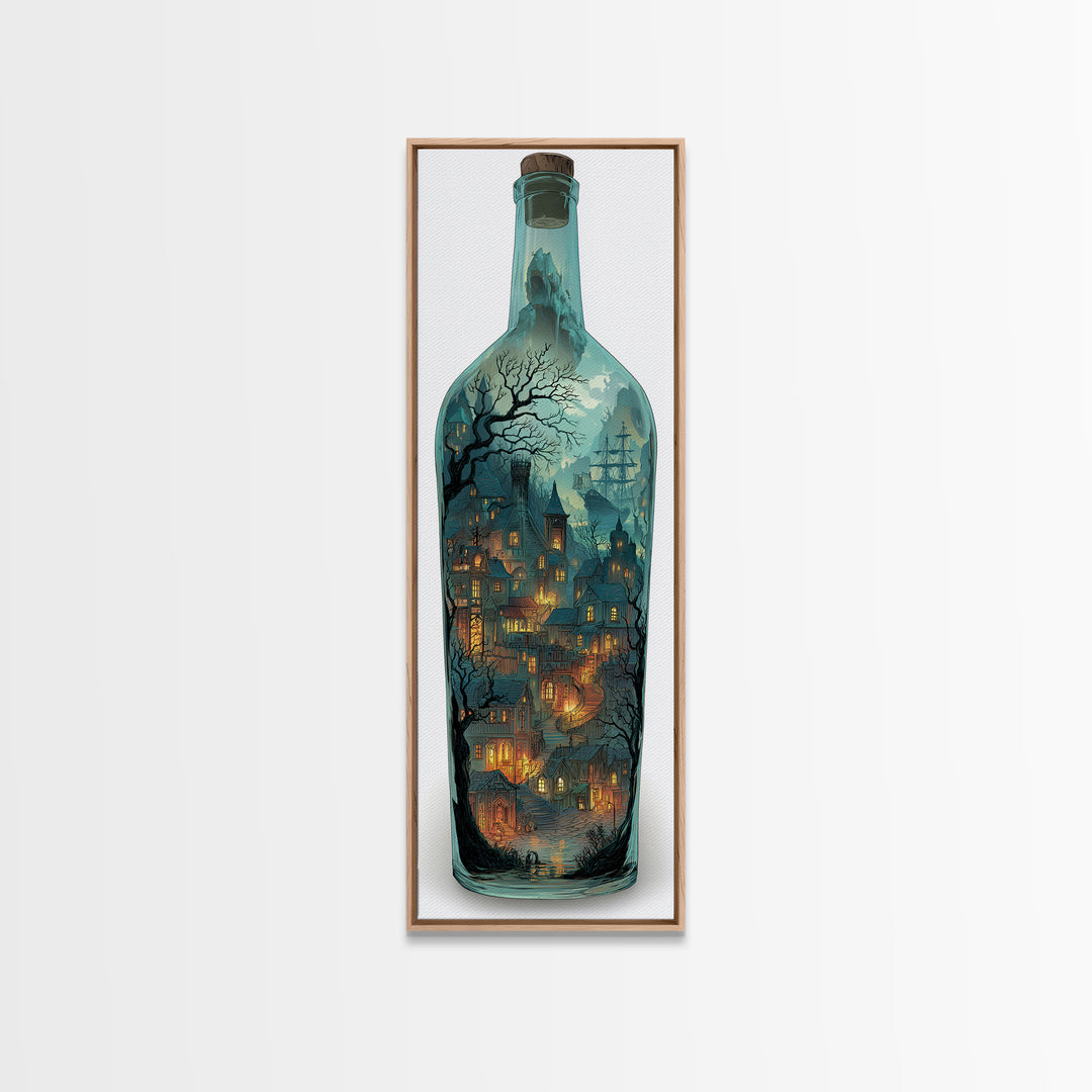 The Ghost Ship In A Bottle - Environmental Panorama, Spooky Wall Decor, Tall Narrow Wall Art, Framed Canvas Print, Halloween Home Decor