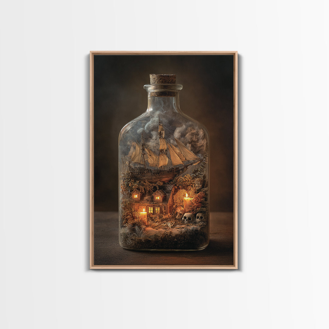 The Ghost Ship In A Bottle - Occult Still Life, Dark Fantasy Wall Art, Vertical Wall Art, Canvas Print, Halloween Home Decor
