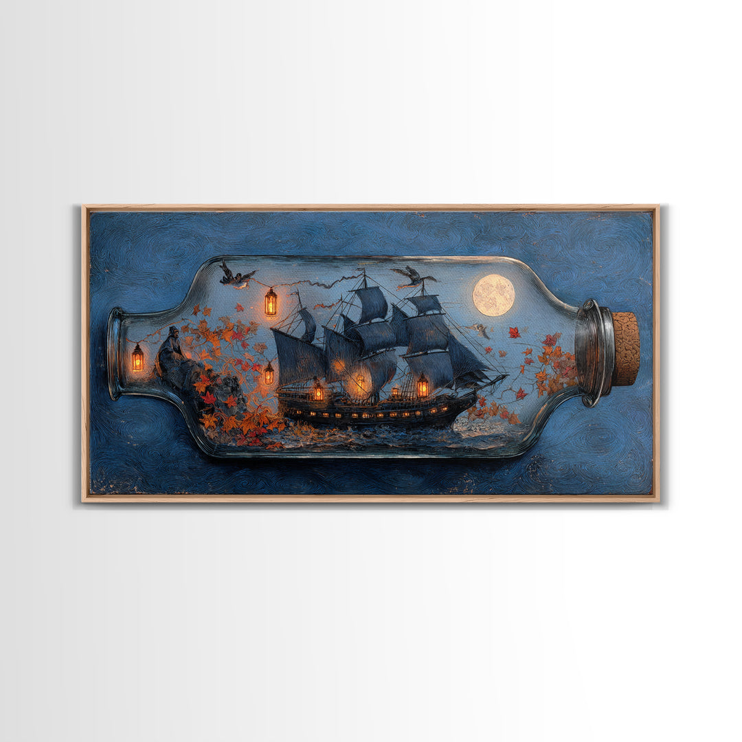 The Ghost Ship In A Bottle - Procession Scene, Occult Wall Decor, Wide Panoramic Art, Canvas Print, Halloween Home Decor, Gothic Wall Art