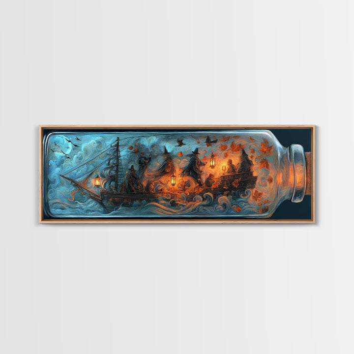 The Ghost Ship In A Bottle - Procession Scene, Halloween Wall Art, Extra Wide Wall Art, Framed Canvas Print, Halloween Home Decor