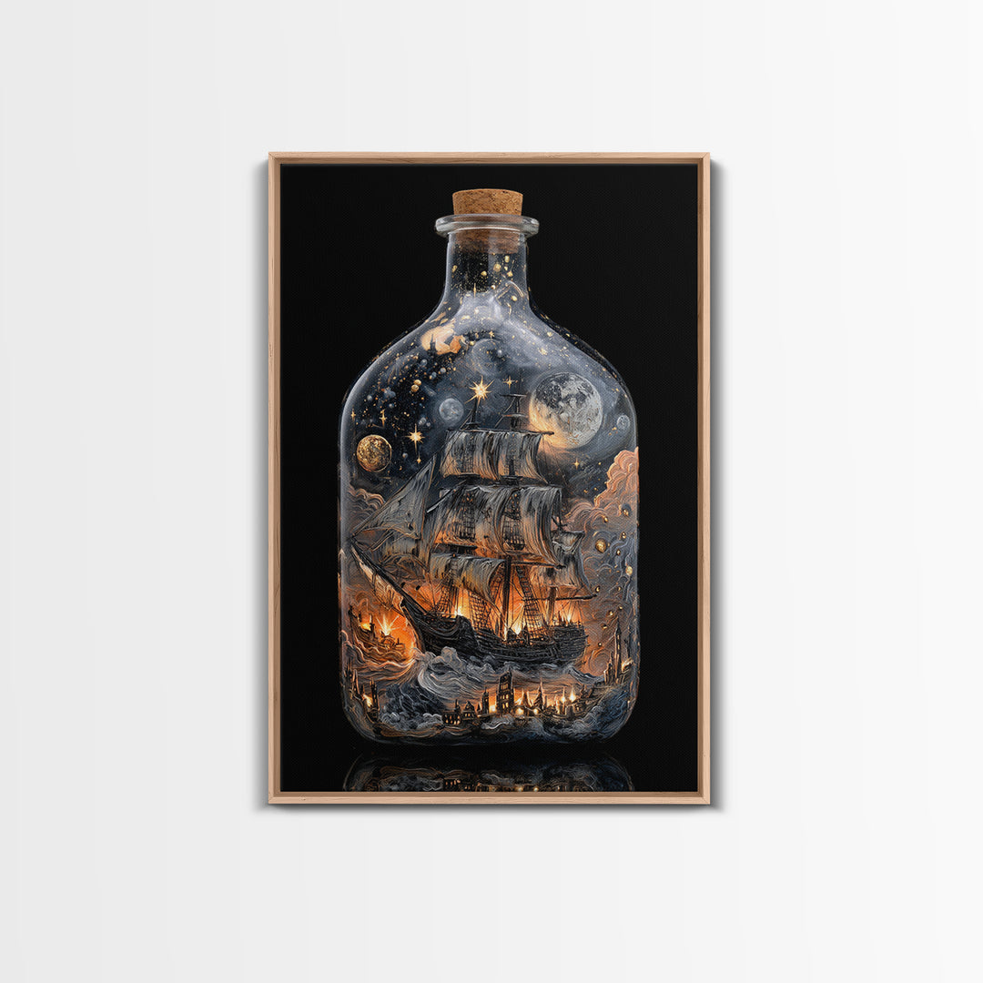 The Ghost Ship In A Bottle - Surreal Celestial Vision, Spooky Wall Decor, Vertical Wall Art, Framed Canvas Print, Halloween Home Decor