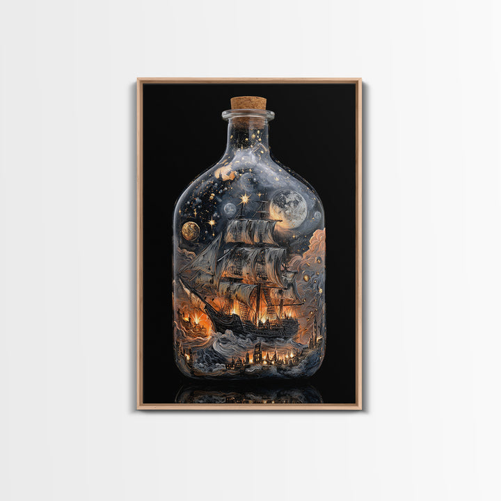 The Ghost Ship In A Bottle - Surreal Celestial Vision, Spooky Wall Decor, Vertical Wall Art, Framed Canvas Print, Halloween Home Decor