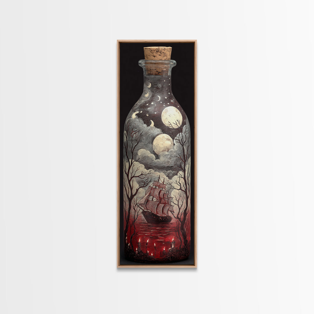 The Ghost Ship In A Bottle - Surreal Celestial Vision, Halloween Wall Art, Tall Narrow Wall Art, Framed Canvas Print, Halloween Home Decor