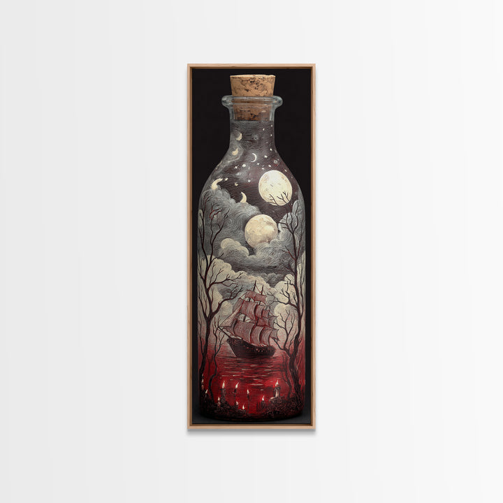 The Ghost Ship In A Bottle - Surreal Celestial Vision, Halloween Wall Art, Tall Narrow Wall Art, Framed Canvas Print, Halloween Home Decor