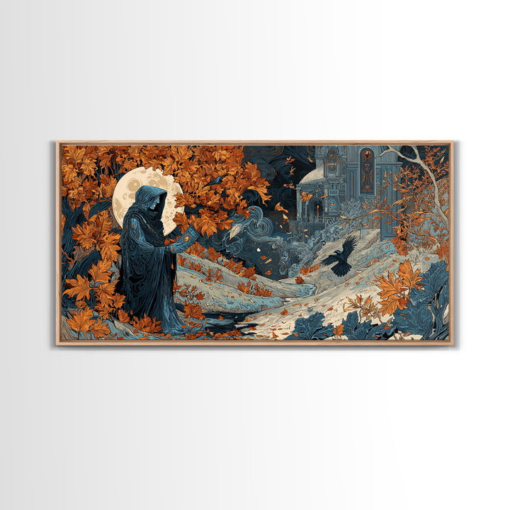 The Harvest Moon Tarot Reader - Environmental Panorama, Dark Fantasy Wall Art, Wide Panoramic Art, Canvas Print, Halloween Home Decor