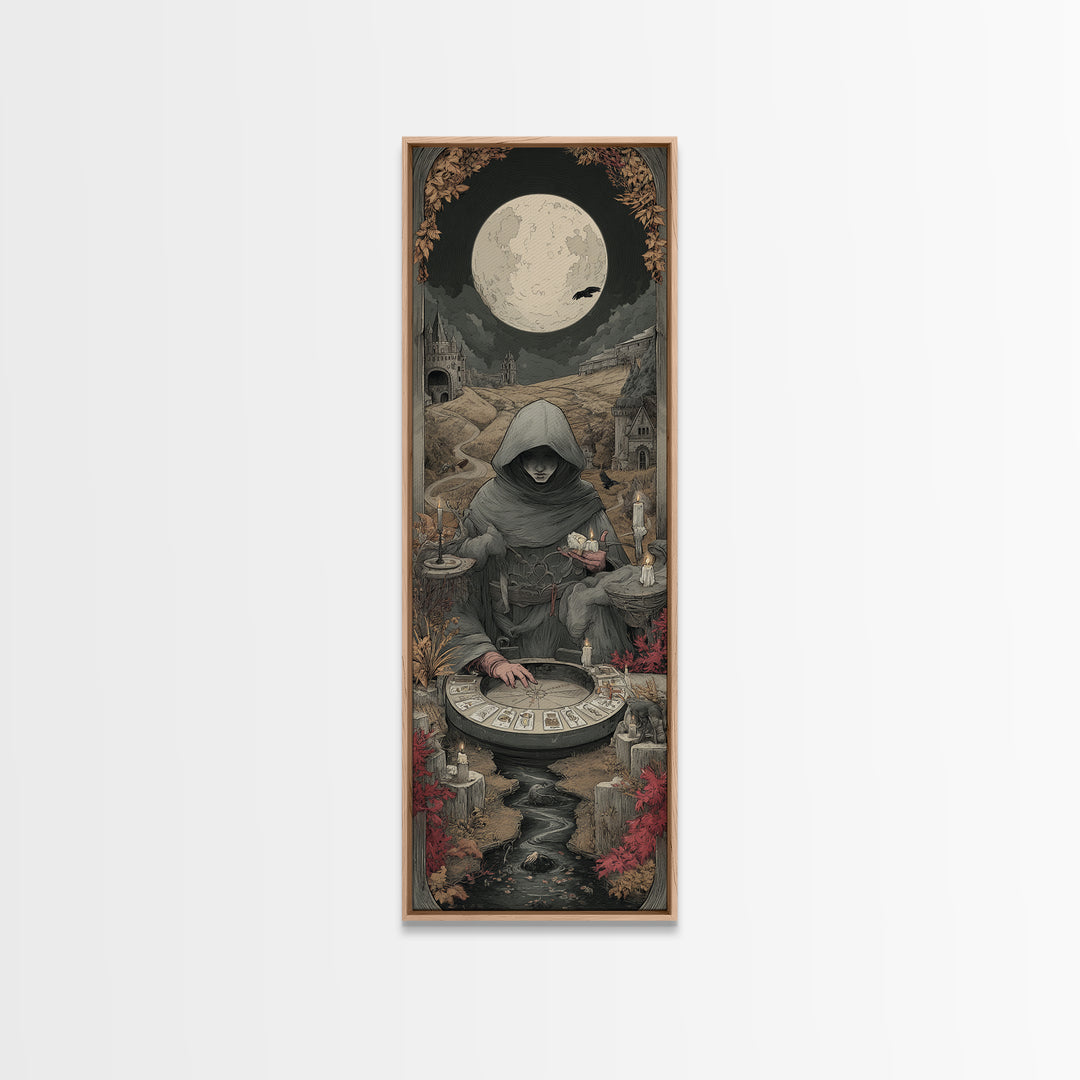 The Harvest Moon Tarot Reader - Environmental Panorama, Dark Fantasy Wall Art, Tall Narrow Wall Art, Canvas Print, Halloween Home Decor