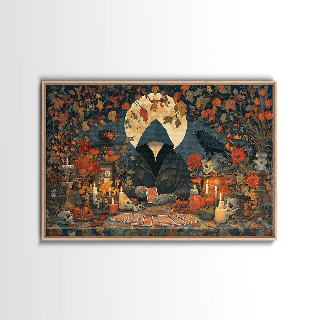 The Harvest Moon Tarot Reader - Occult Still Life, Occult Wall Decor, Landscape Wall Art, Canvas Print, Halloween Home Decor