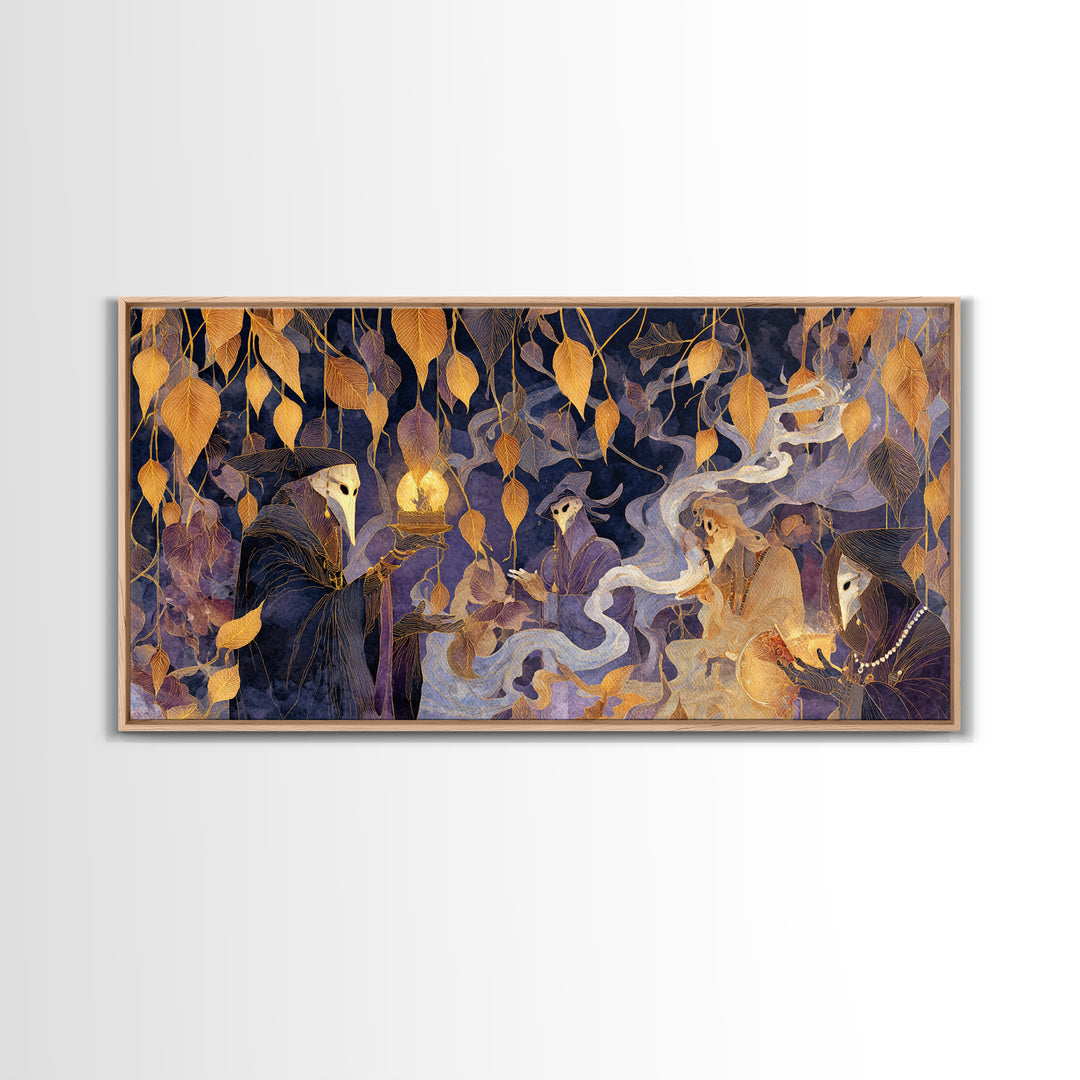 The Harvest Moon Tarot Reader - Procession Scene, Dark Fantasy Wall Art, Wide Panoramic Art, Canvas Print, Halloween Home Decor