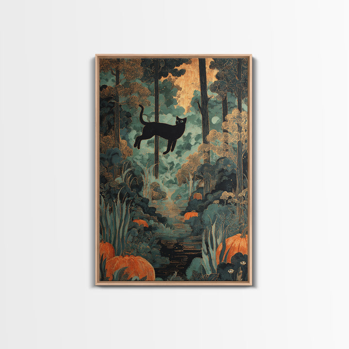 The Black Cat Constellation - Icon Portrait, Macabre Halloween Art, Vertical Wall Art, Framed Canvas Print, Halloween Home Decor