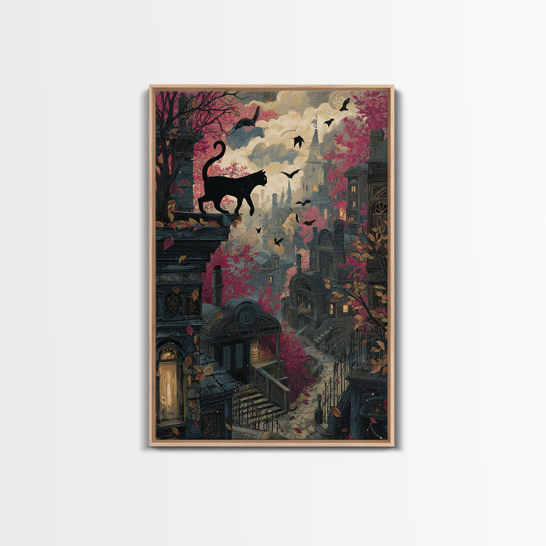The Black Cat Constellation - Environmental Panorama, Macabre Halloween Art, Vertical Wall Art, Framed Canvas Print, Halloween Home Decor