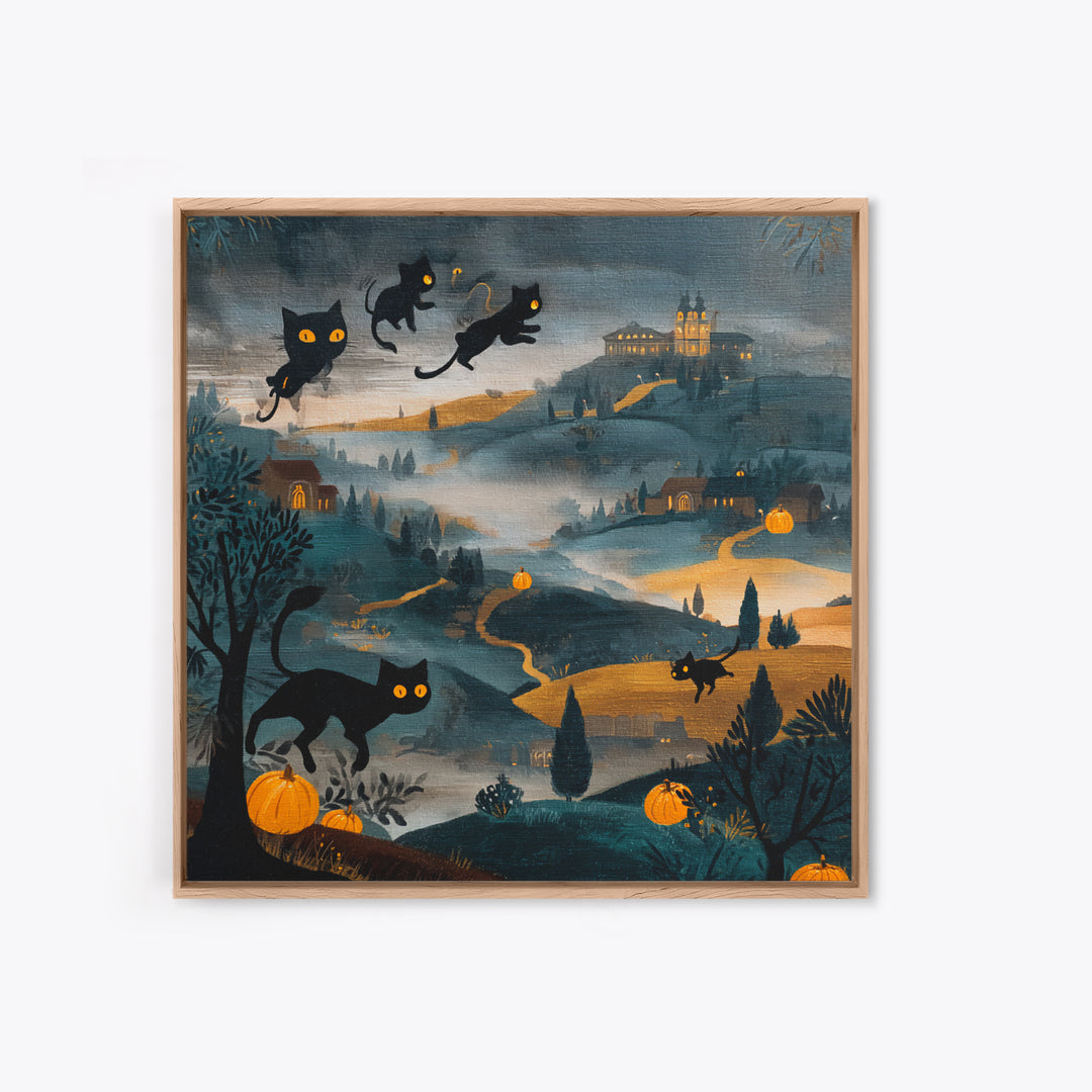 The Black Cat Constellation - Environmental Panorama, Halloween Wall Art, Square Wall Art, Framed Canvas Print, Halloween Home Decor
