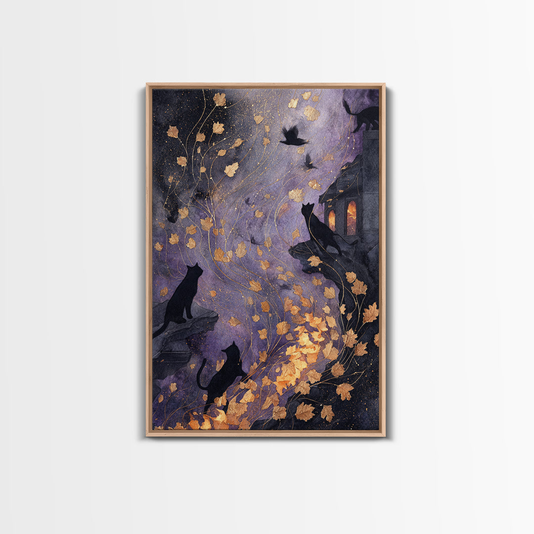 The Black Cat Constellation - Procession Scene, Halloween Wall Art, Vertical Wall Art, Framed Canvas Print, Halloween Home Decor