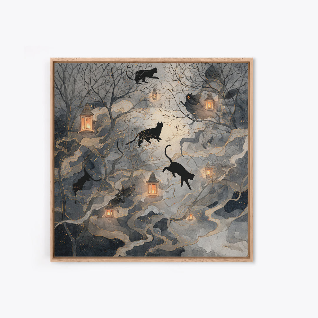 The Black Cat Constellation - Procession Scene, Macabre Halloween Art, Square Wall Art, Framed Canvas Print, Halloween Home Decor