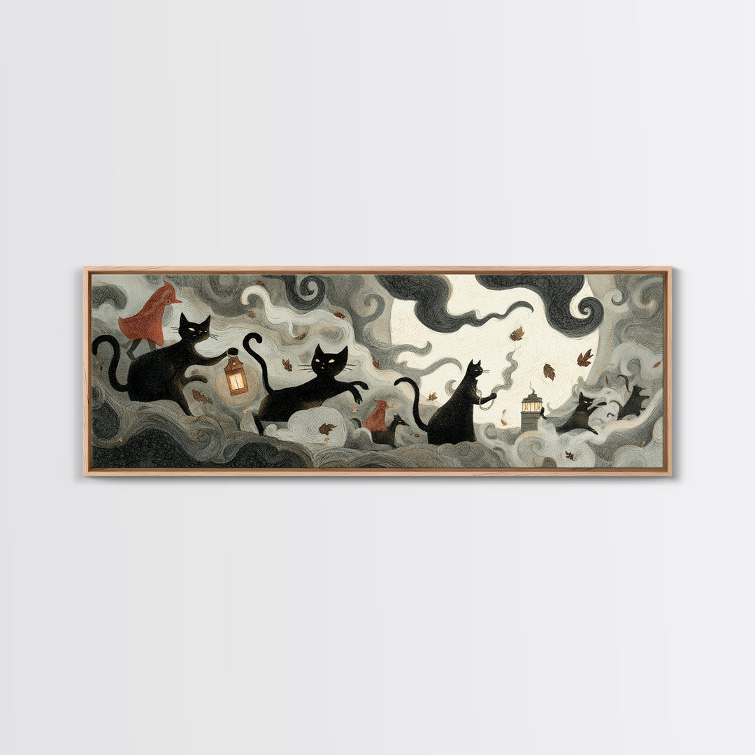 The Black Cat Constellation - Procession Scene, Gothic Home Decor, Extra Wide Wall Art, Canvas Print, Halloween Home Decor, Gothic Wall Art