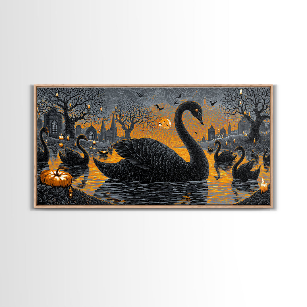 The Cemetery Swan Lake - Icon Portrait, Halloween Wall Art, Wide Panoramic Art, Framed Canvas Print, Halloween Home Decor, Gothic Wall Art
