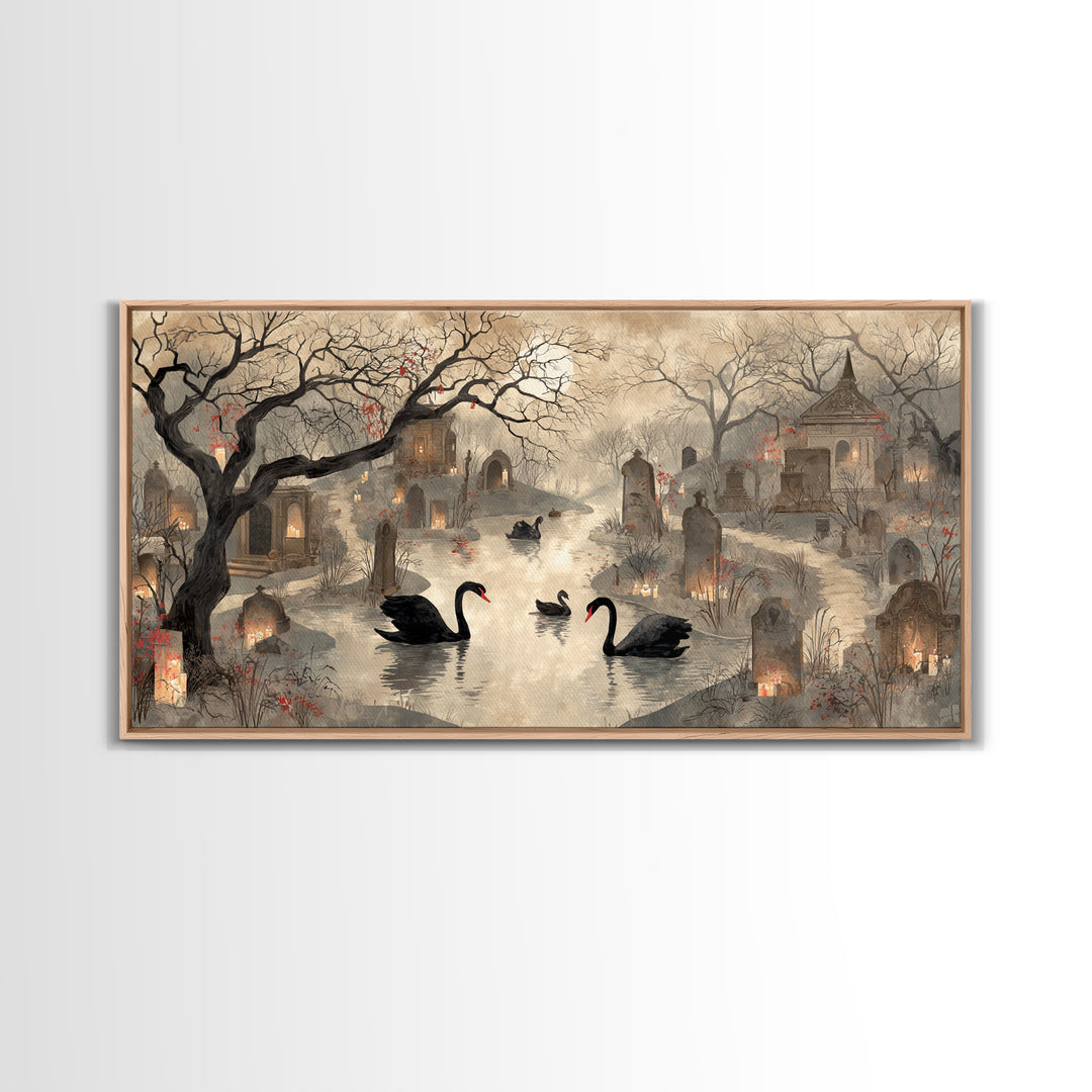 The Cemetery Swan Lake - Environmental Panorama, Dark Fantasy Wall Art, Wide Panoramic Art, Canvas Print, Halloween Home Decor