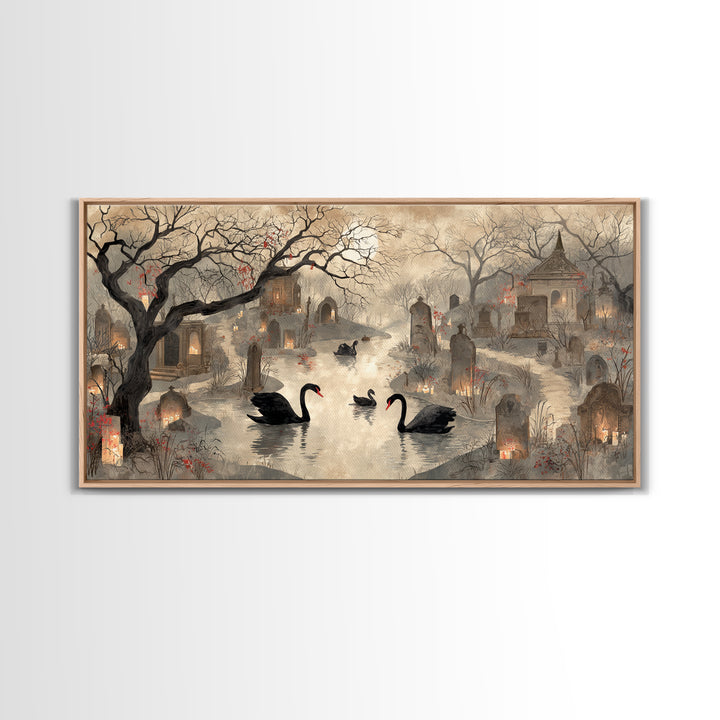 The Cemetery Swan Lake - Environmental Panorama, Dark Fantasy Wall Art, Wide Panoramic Art, Canvas Print, Halloween Home Decor