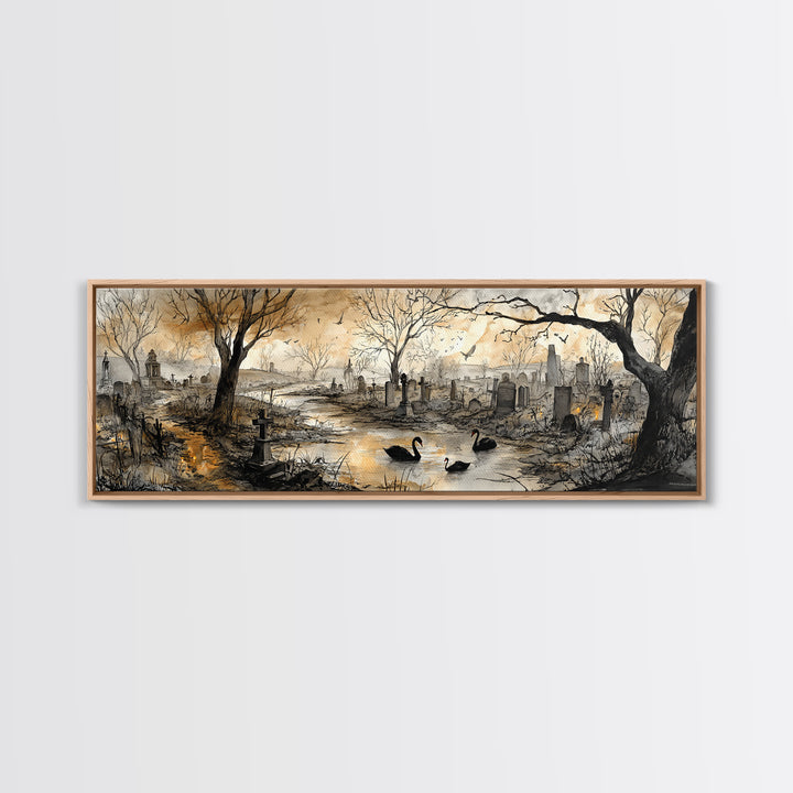 The Cemetery Swan Lake - Environmental Panorama, Halloween Wall Art, Extra Wide Wall Art, Framed Canvas Print, Halloween Home Decor