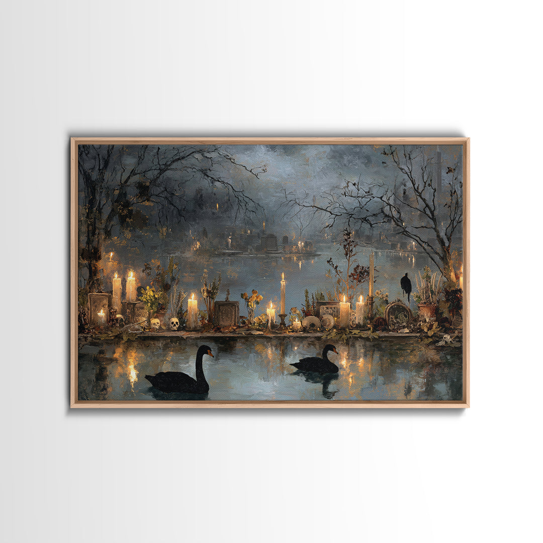The Cemetery Swan Lake - Occult Still Life, Dark Fantasy Wall Art, Landscape Wall Art, Canvas Print, Halloween Home Decor, Gothic Wall Art