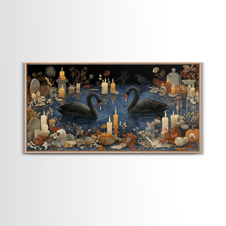 The Cemetery Swan Lake - Occult Still Life, Halloween Wall Art, Wide Panoramic Art, Framed Canvas Print, Halloween Home Decor