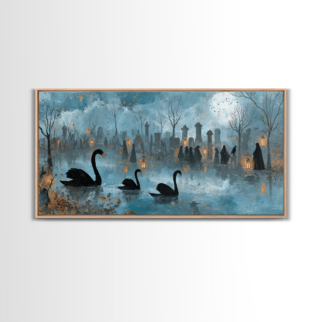 The Cemetery Swan Lake - Procession Scene, Spooky Wall Decor, Wide Panoramic Art, Framed Canvas Print, Halloween Home Decor, Gothic Wall Art