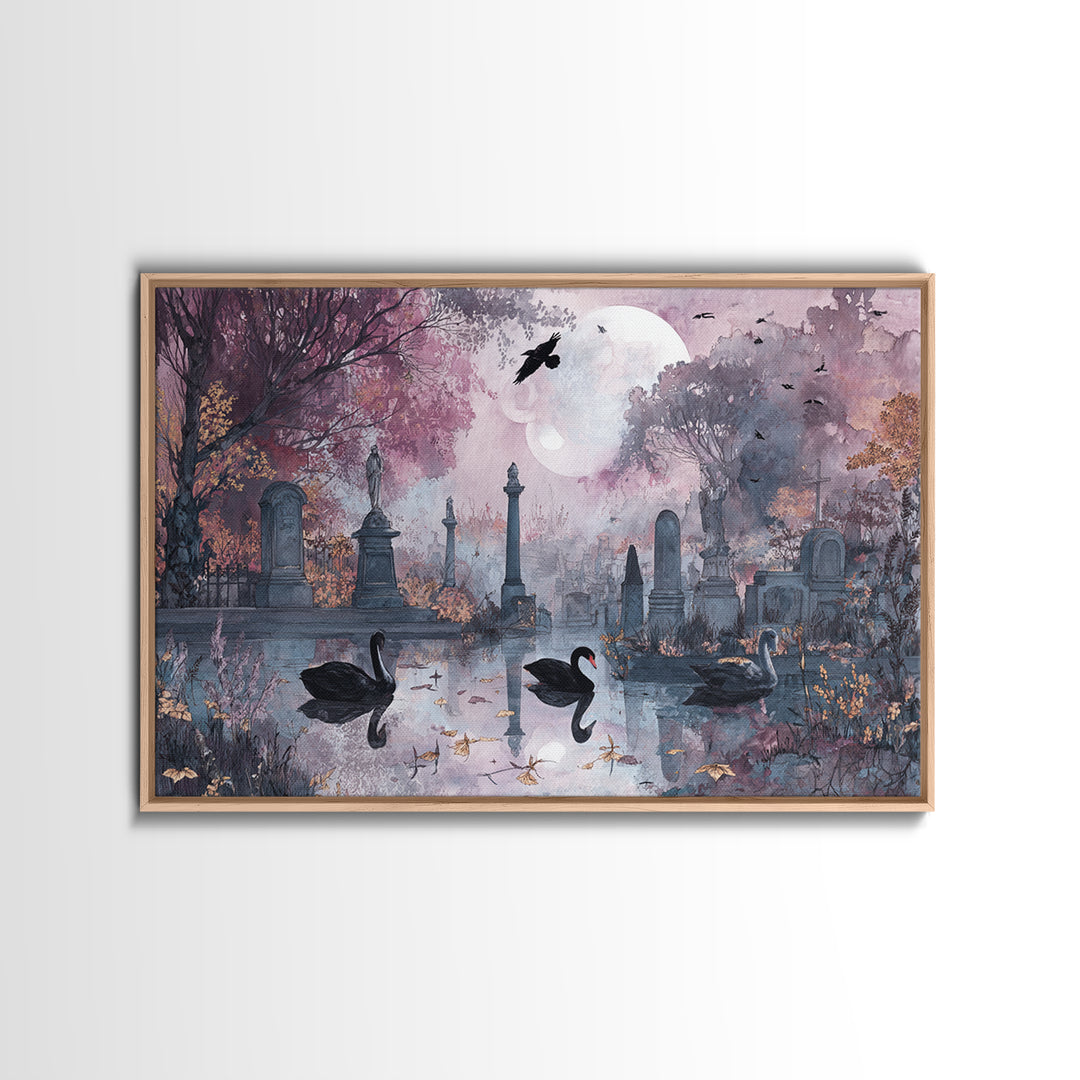 The Cemetery Swan Lake - Surreal Celestial Vision, Macabre Halloween Art, Landscape Wall Art, Framed Canvas Print, Halloween Home Decor